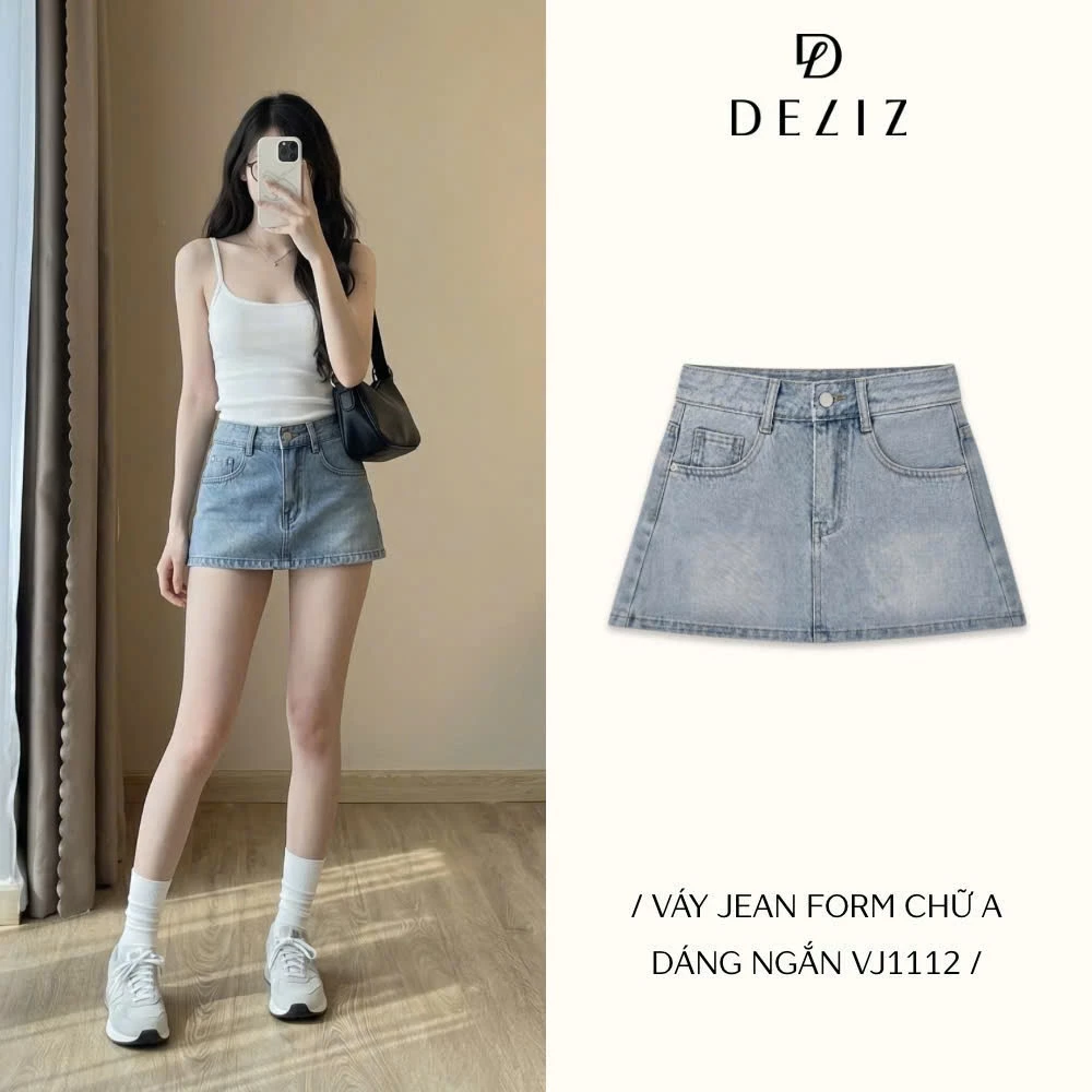 DELIZ - Váy jean nữ form chữ A basic cạp cao co giãn nhẹ mặc đi làm đi chơi VJ1112 (đã cắt sẵn khuy)
