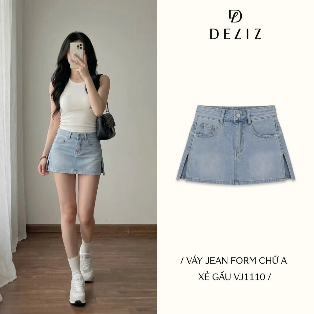 DELIZ - Váy jean nữ cạp cao dáng chữ A xẻ gấu tôn dáng phong cách Hàn Quốc dễ phối đồ VJ1110 (đã cắt sẵn khuy)