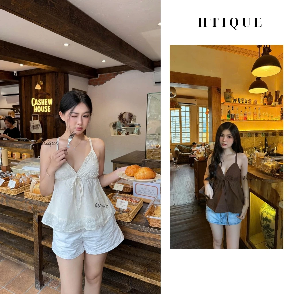 HTIQUE- Áo kiểu nữ hai dây mix ren nhẹ, Áo hai dây kiểu nữ hai màu tiện ích AT29