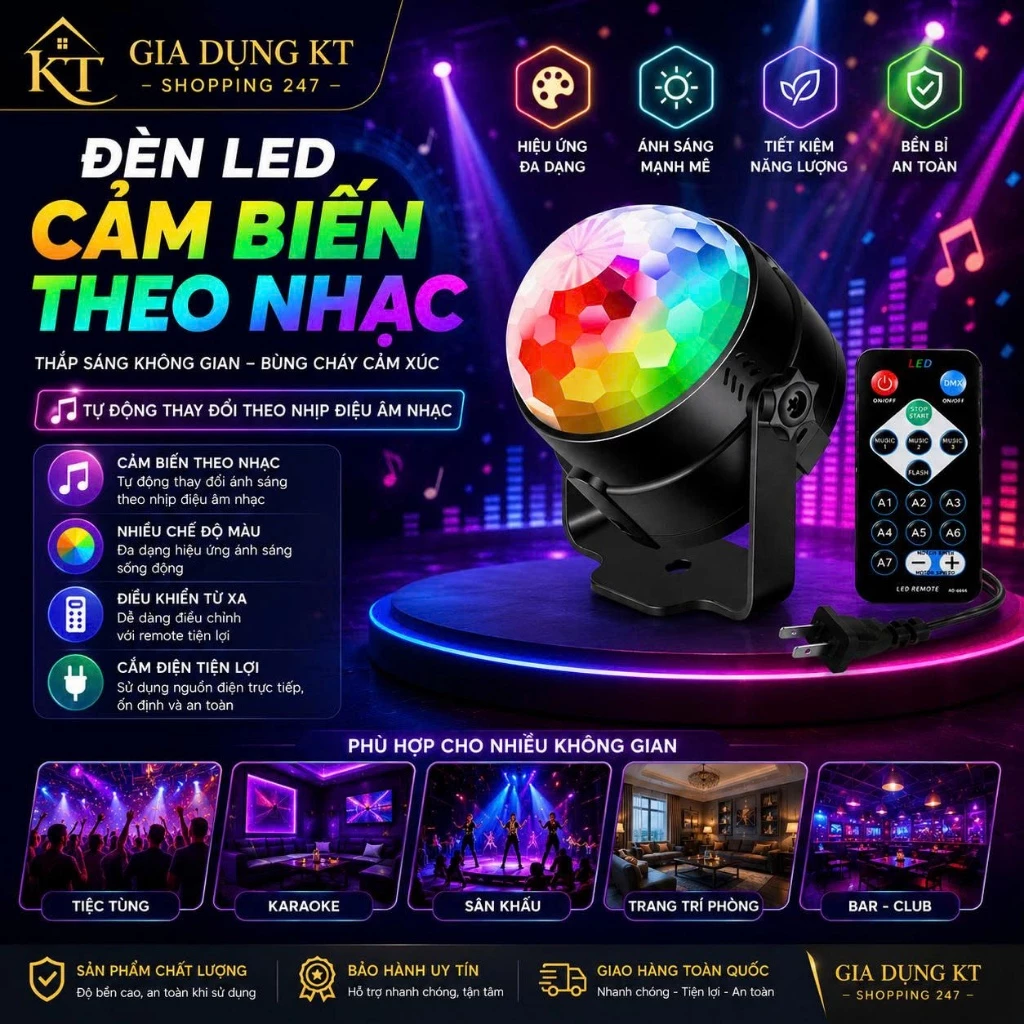 Đèn Led Xoay Trang Trí 7 Màu - Đèn Led Nháy Cảm Biến Theo Nhạc, Xoay 360 Độ Dành Cho Phòng Ngủ, Sân Khấu, Vũ Trường