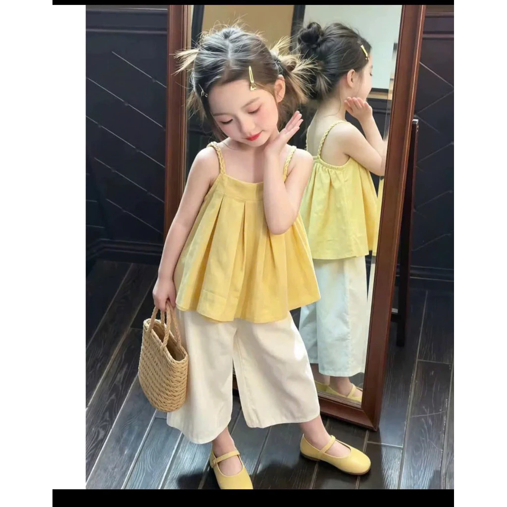 T8 Set 2 dây vàng kèm quần chấm bi siêu xinh cho bé gái diện đi chơi ,ở nhà ,du lịch(9-30kg)