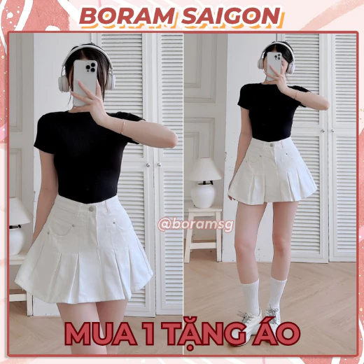 Chân váy jean kaki nữ, chân váy nữ xòe xếp ly BORAM SG