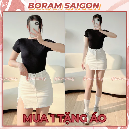 Chân váy kaki ngắn chữ a, chân váy nữ trắng xẻ tà tôn dáng BORAM SG (có quần trong)