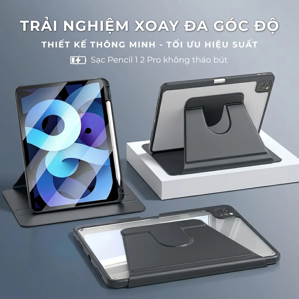 Ốp iPad Xoay 720 Độ Pro 11 Air 4 5 6 Gen 9 10 Bao Da Chống Cong Lưng Acrylic Dày Dặn Kèm Khay Bút