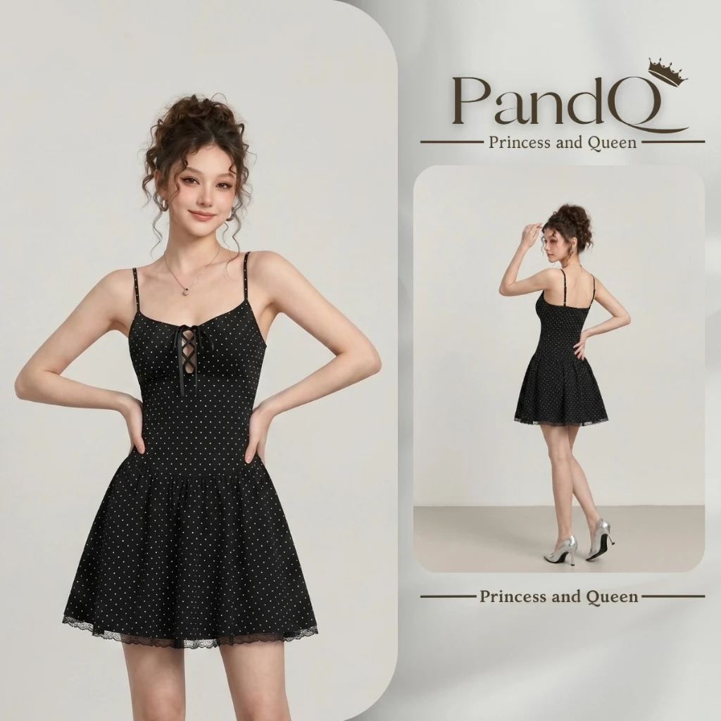 Đầm xòe mini P&Q chân váy ngắn vải chấm bi có mút khoét ngực gợi cảm đi chơi | vd0099