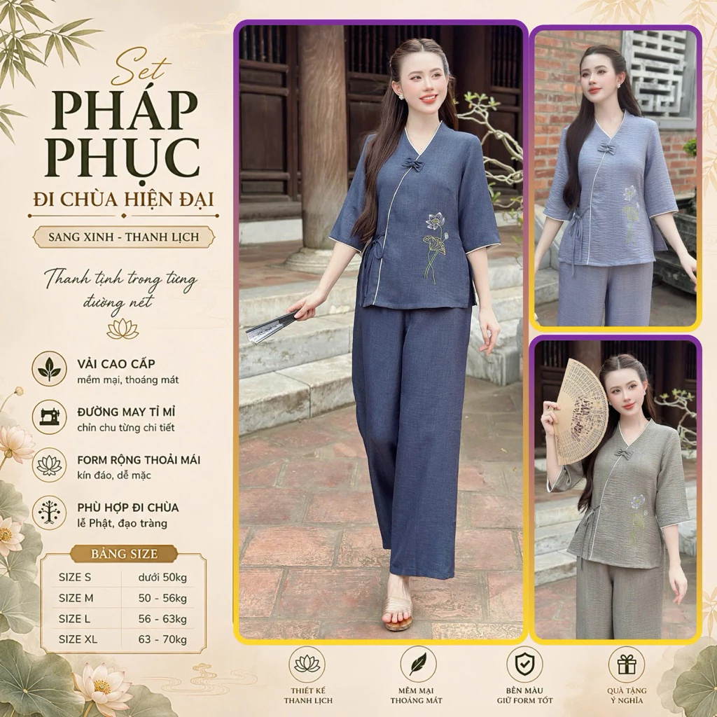 LAM15 Bộ lam pháp phục đi chùa chất đũi mềm nhẹ , thoáng mát , thiết kế trang nghiêm, hoạ tiết thêu tinh tế