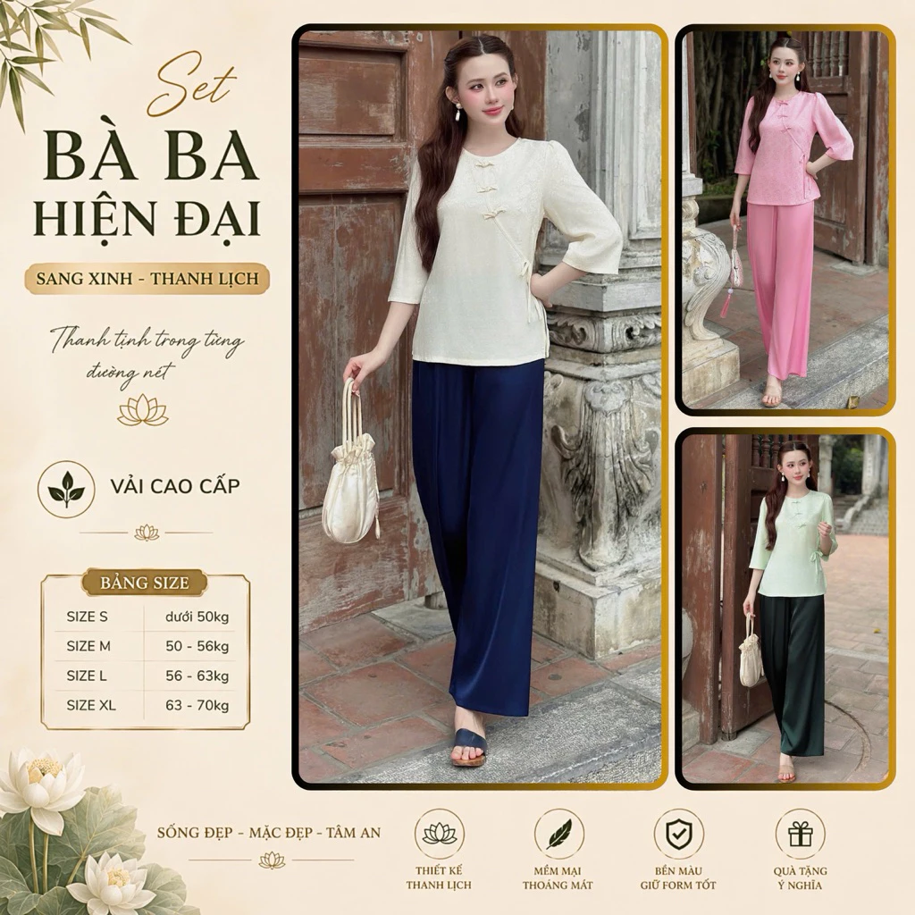 LAM14 Bộ bà ba , bộ lam đi chùa, pháp phục đi chùa gấm 2 da mặc thoải mái phom dễ mặc