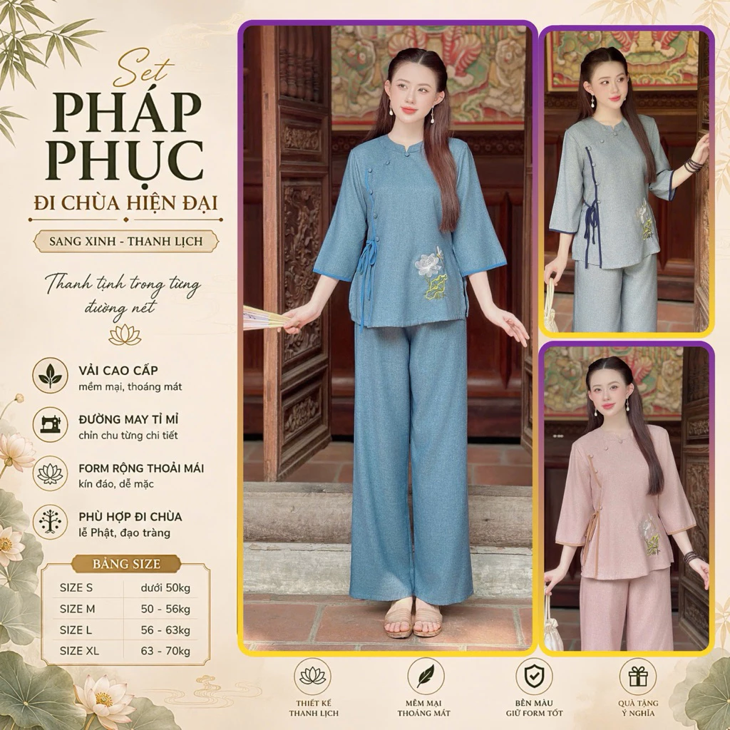 LAM7 Bộ pháp phục đi chùa chất tơ mộc mềm thoáng mát thêu hoa sen tinh tế
