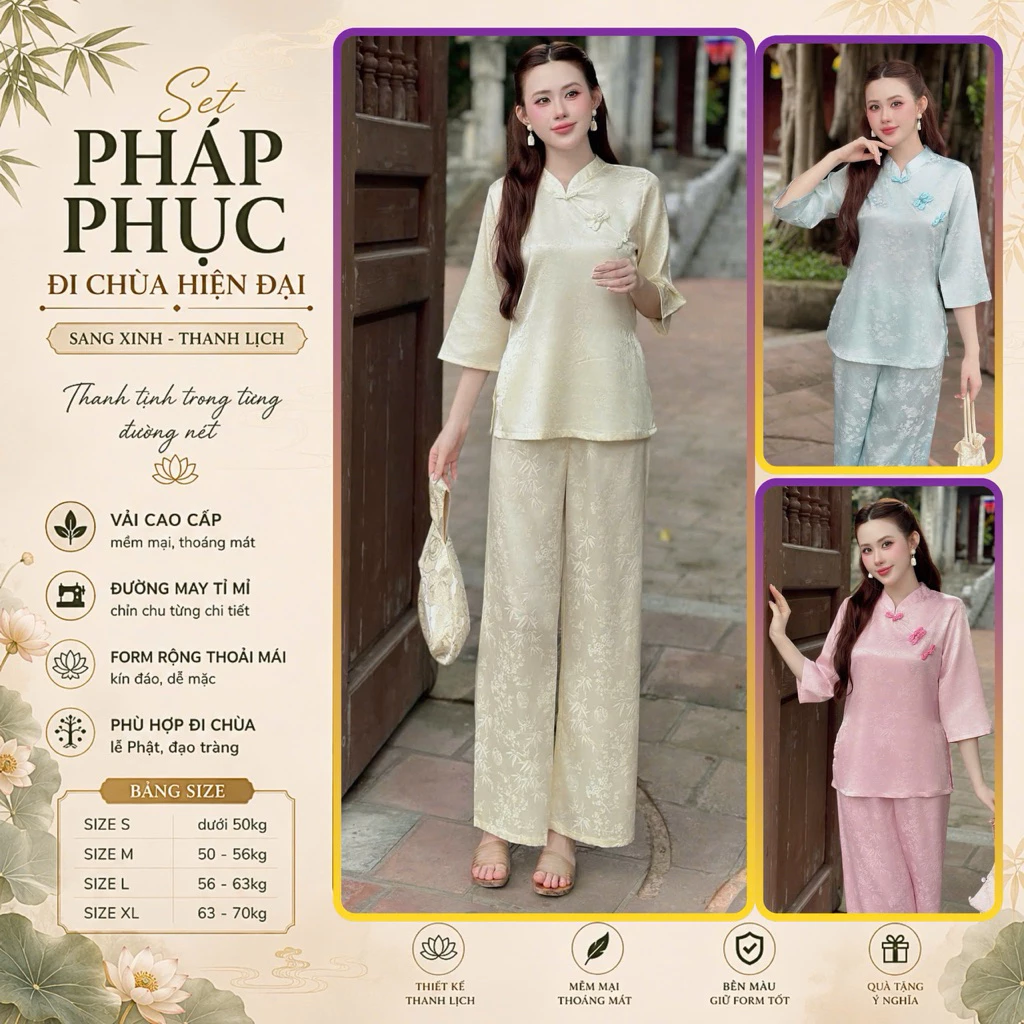 LAM13 Bộ lam pháp phục đi chùa nữ chất liệu lụa gấm cao cấp tay lở thiết kế trang nghiêm có túi quần