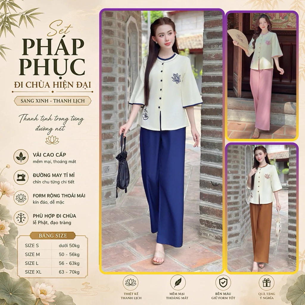LAM11 Đồ lam đi chùa , pháp phục thêu hoa sen kate lụa mềm , không nhăn nhàu, nút cài bọc vải