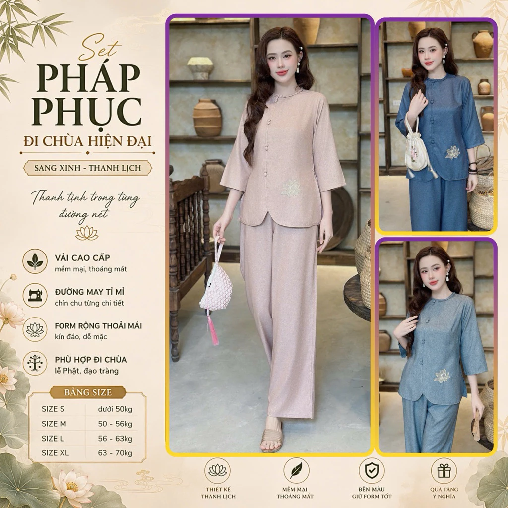 LAM12 Set Bộ Lam Pháp Phục Đi Chùa Chất Tơ Mộc  Mềm Nhẹ Thoáng Mát Hoạ Tiết Thêu Có Túi Quần