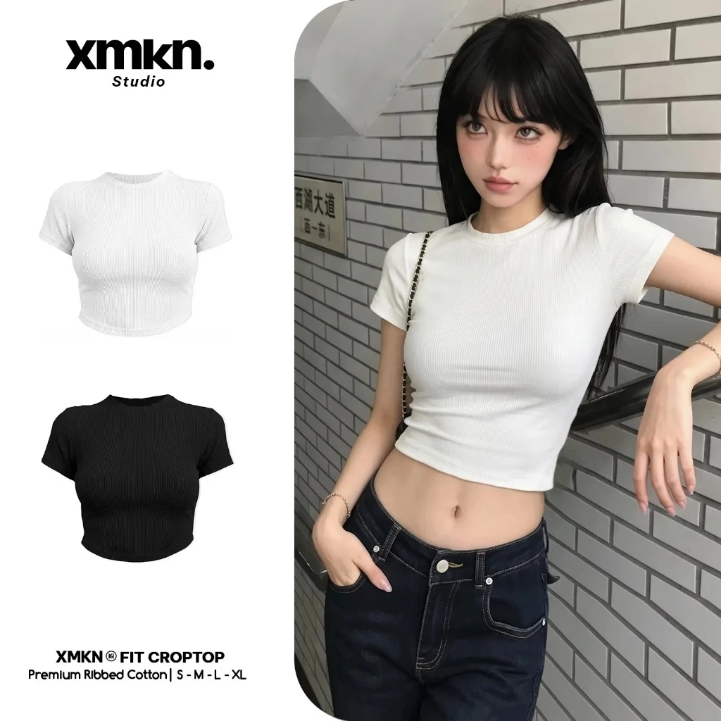 Áo Croptop Nữ Ôm Body XMKN Vải Thun Gân Tăm Tôn Dáng Basic Đen Trắng