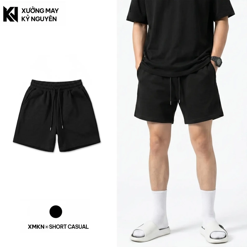 Quần Short Nam Tập Gym Nỉ 2 Da XMKN - Quần Đùi Thể Thao Đen Form Trên Gối Co Giãn Năng Động