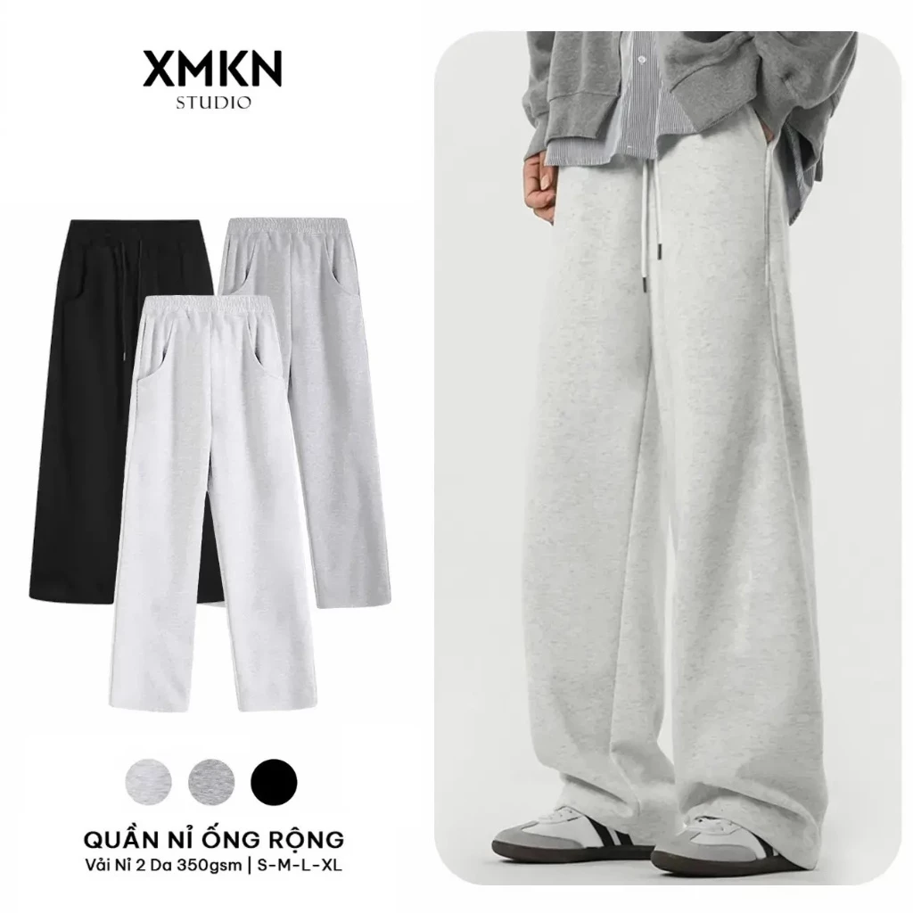 Quần Nỉ 2 Da Form Rộng Phủ Giày XMKN Track Pants Ống Suông Dây Rút