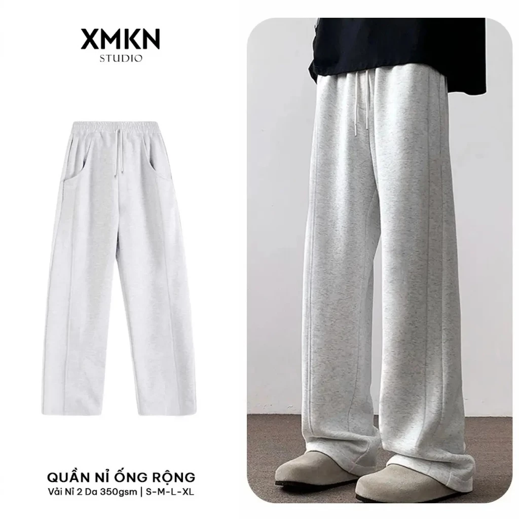 Quần Track Pants Gym & Sport - Nỉ 2 Da Form Rộng Dây Rút XMKN White