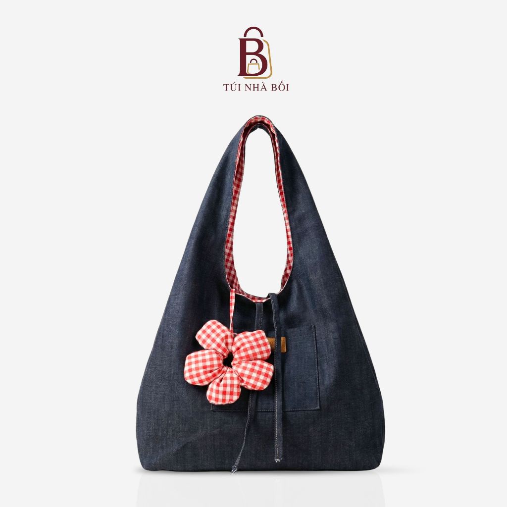 Túi Tote Nữ Canvas Caro 2 Mặt Có Charm Hoa, Đeo Vai Đi Học,Đi Chơi Thời Trang…