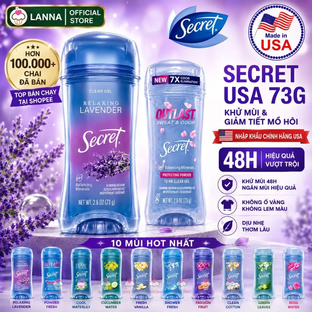 【CHÍNH HÃNG + 10 MÙI】Lăn Khử Mùi Nữ Secret 73g Mỹ –  Gel Giảm Mùi, Sáp Không Thâm Da, Thơm Lâu