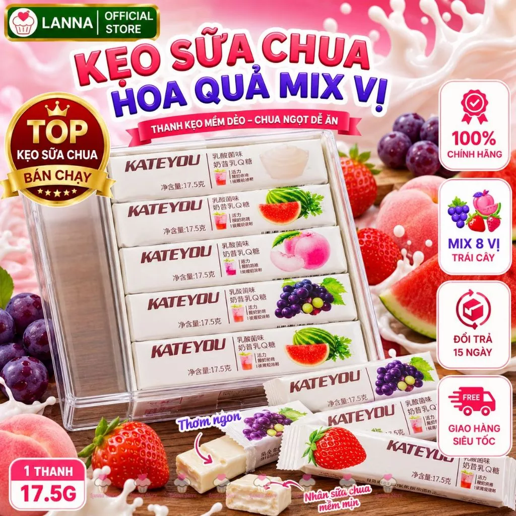 【Hộp 30 Thanh】Kẹo Sữa Chua KATEYOU Hoa Quả Nhiều Vị Nội Địa Kẹo Yogurt Mềm Trái Cây Thanh 17G Ăn Vặt