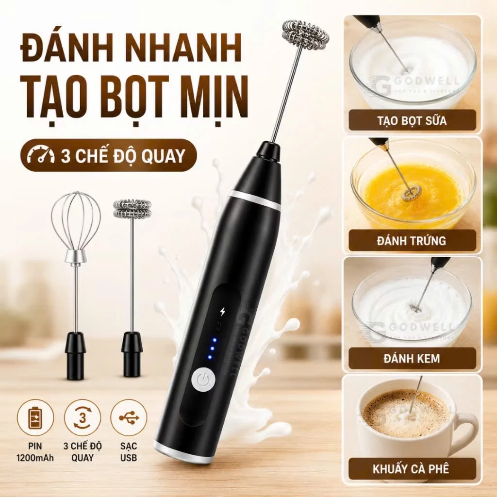 Máy Đánh Bọt Cafe Mini Đa Năng 2 Đầu Inox Cao Cấp, Máy Tạo Bọt Cafe & Đánh Trứng Cầm Tay Pin Sạc USB