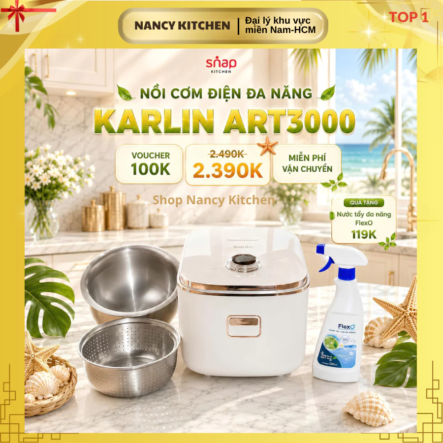 [Chính hãng] Nồi cơm đa năng Karlin ART3000,2-4 người ăn, lòng inox 304,vân kim, bh 24 tháng
