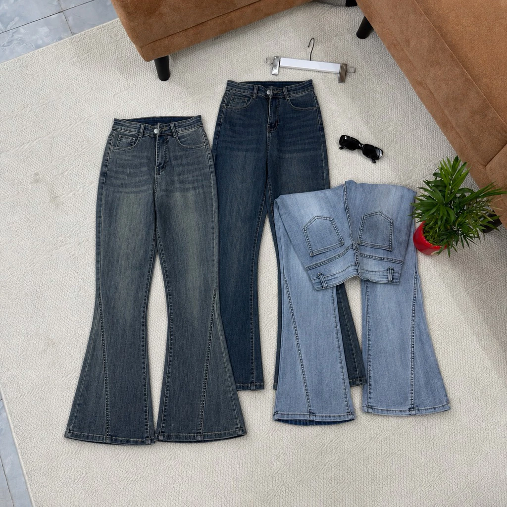 (M-09)Quần Jean Nữ Ống Loe Lưng Cao Không Túi Rách Lai , Dài 100cm Vải Jean Co Giãn ( M01 - quần loe dài ) 7497