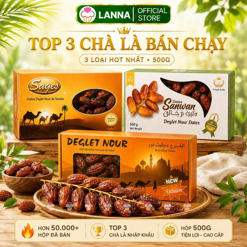 【CHÍNH HÃNG +LOẠI 1】Chà Là khô Nguyên Cành Deglet Nour Dates Sanwan hộp 500 gram dẻo ngon hàng chuẩn
