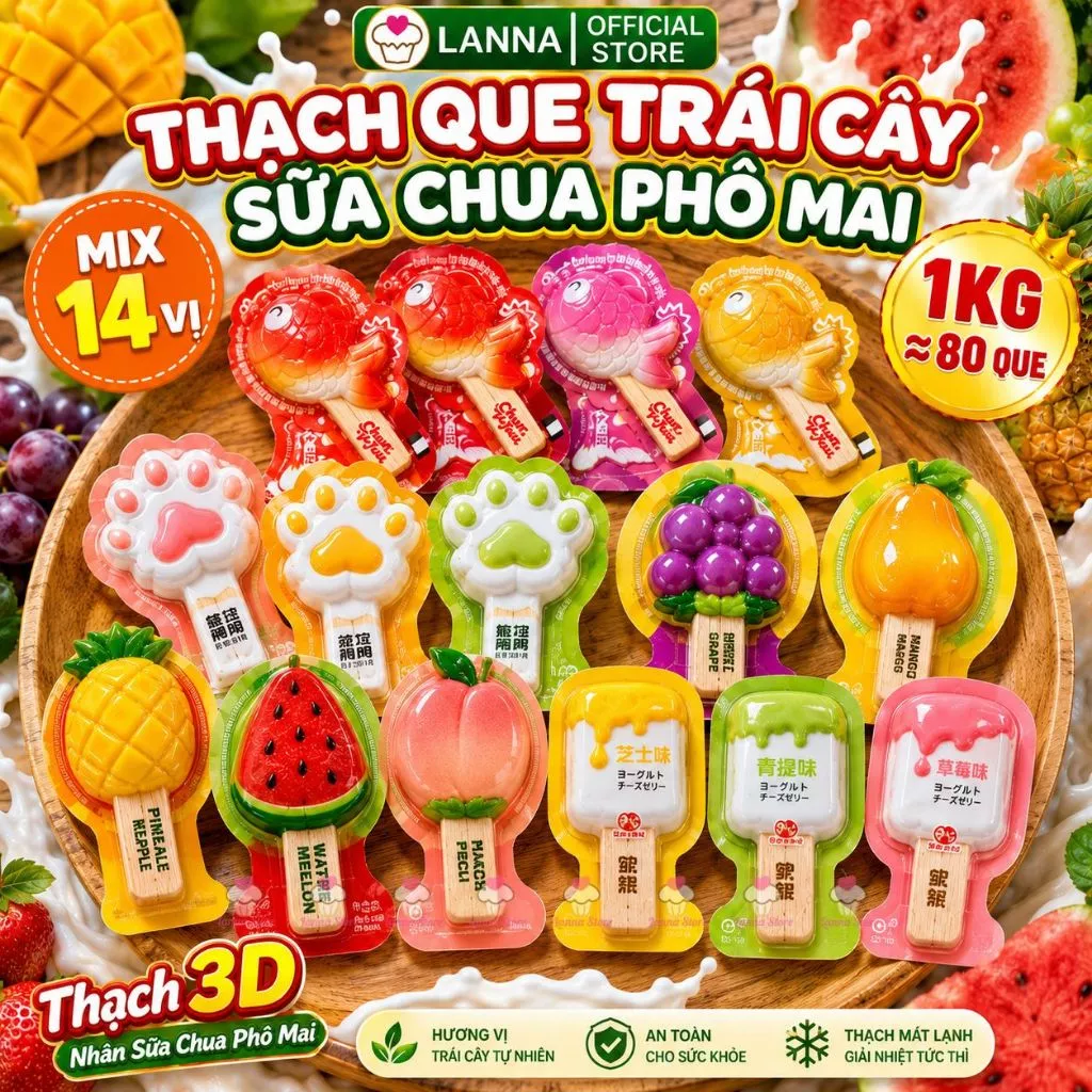 【Túi 1KG】Thạch Que Kem Sữa Chua Phô Mai Hình Chân Mèo – Thạch Trái Cây Mix Nhiều Vị Ngon Giòn Mát