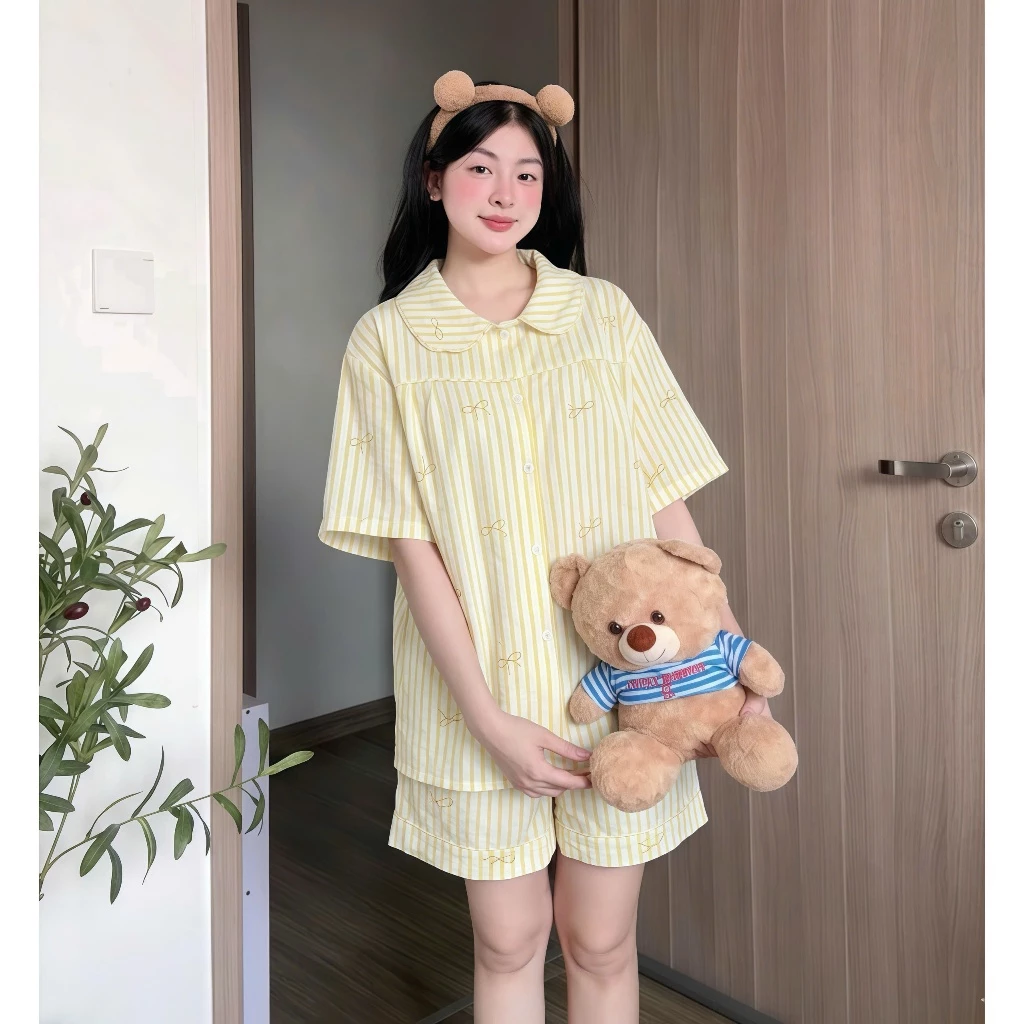 (FORM RỘNG) Kozoda Đồ Ngủ Cotton BN94 Họa Tiết Nơ Kẻ Sọc Dễ Thương Dáng Suông Cổ Sen Ngắn Tay Thoải Mái Phù Hợp Mặc Ở Nh