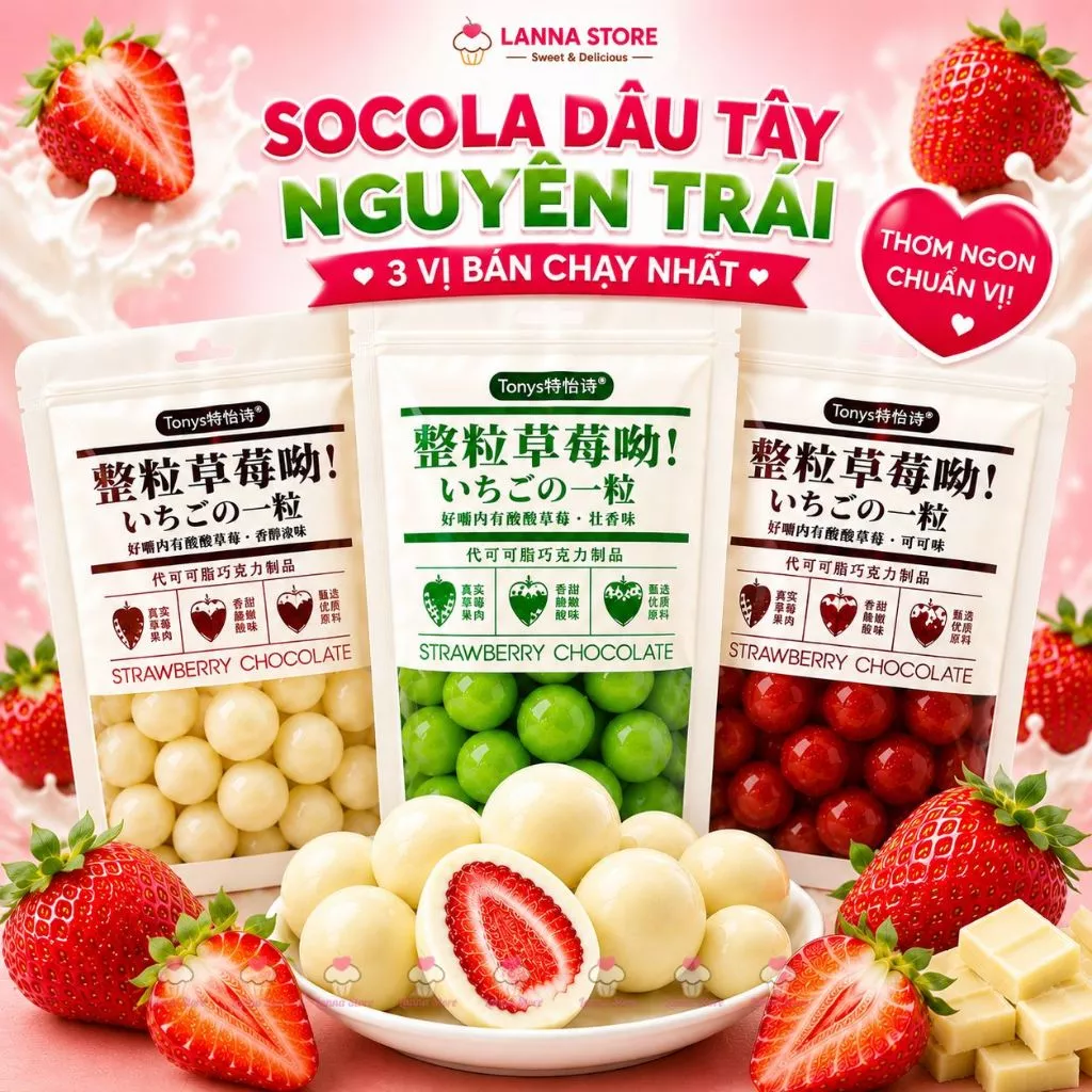 【FULL 4 VỊ】Socola Dâu Tây Sấy Lạnh Đài Loan 60G – Kẹo Chocolate Bọc Dâu Tây Nguyên Quả Siêu Ngon