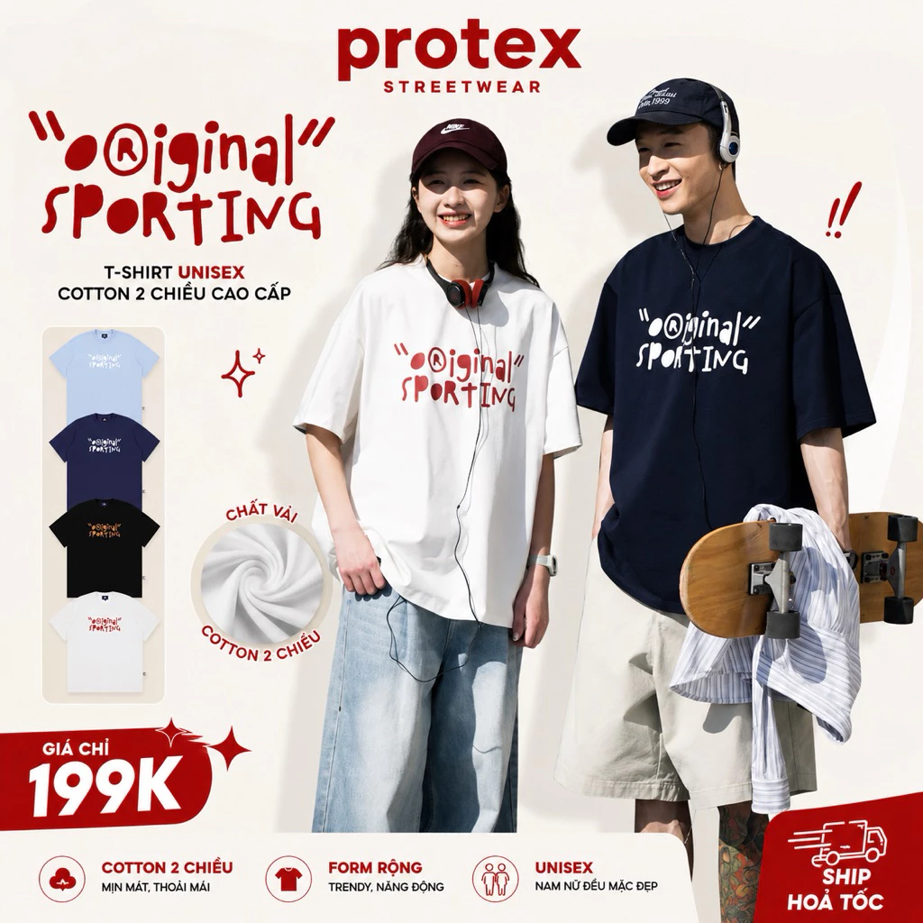 Áo Thun Unisex Form Rộng Cotton 2 Chiều In Chữ Original Sporting Tay Lỡ Nam Nữ Hot Trend