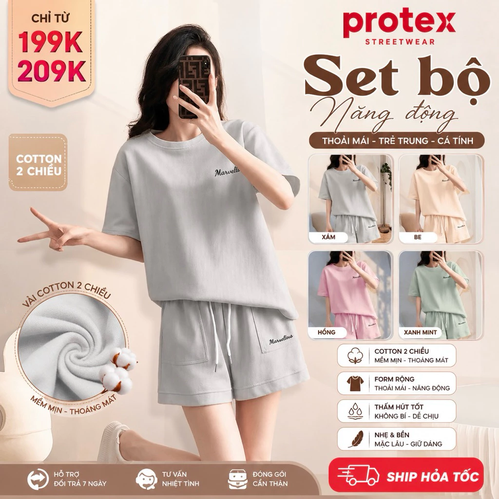 Bộ Đồ Nữ MarVellous ''Tuyệt Vời'' Chất Umi Mềm Mát, Sét Bộ PROTEX Áo Thun Quần Short 4 Màu Basic
