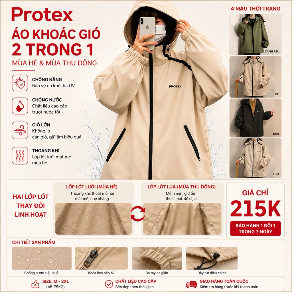 Áo Khoác Chống Nắng Vải Gió 2 Lớp UENO VOGUE chống nước bên trong lót lưới đi du lịch, mặc hè