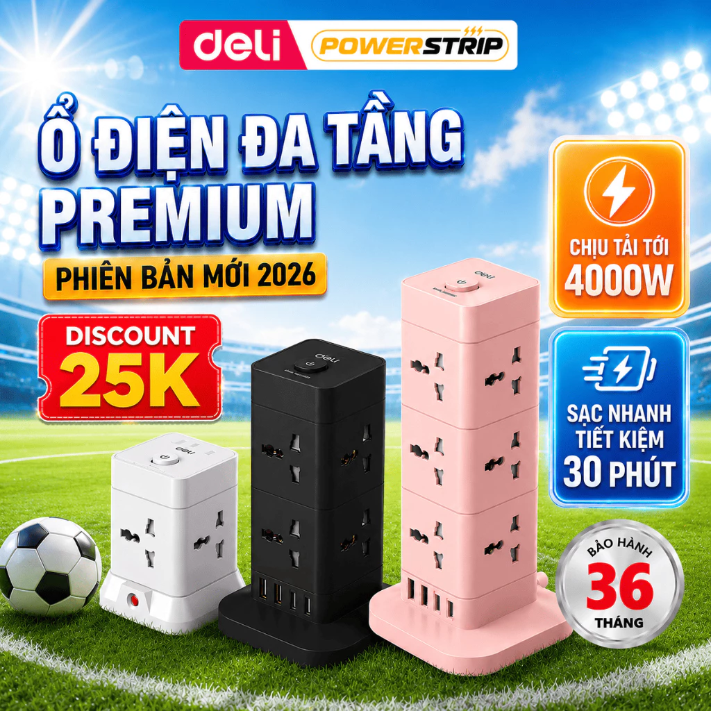 [🔥BIG SALE 15/9] Ổ Cắm Điện Dáng Trụ, Ổ Điện Tháp DELI 8-12 Lỗ Cắm Cổng Sạc USB TypeC Nút Bảo Vệ Quá Áp Công Suất 2500W