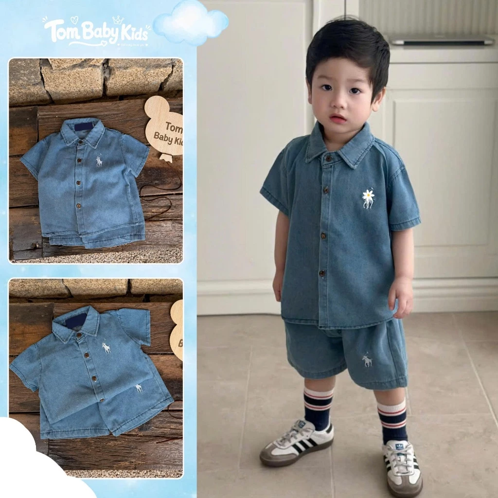 Set đồ bé trai, Bộ sơ mi Jean bé trai thêu ngựa cao cấp cho bé trai 7-25kg Tom Baby Kids (BO-018-HN)
