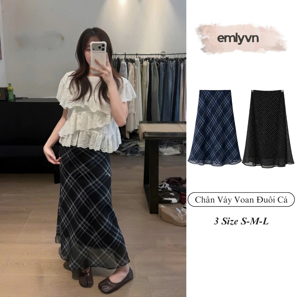 EMLY- Chân Váy Voan Đuôi Cá Dáng Dài Nữ, Váy Voan Form Đuôi Cá Che Khuyết Điểm Tôn Dáng Nữ