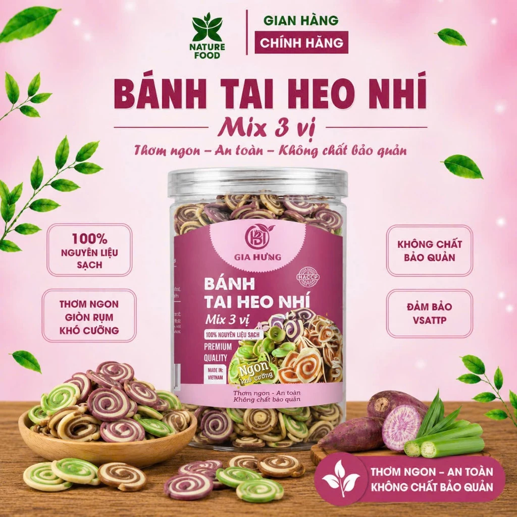 HỘP 350GR BÁNH TAI HEO NHÍ MIX 3 VỊ ( TRUYỀN THỐNG, TRÀ XANH, KHOAI MÔN) có hồ sơ công bố, kiểm nghiệm sản phẩm.