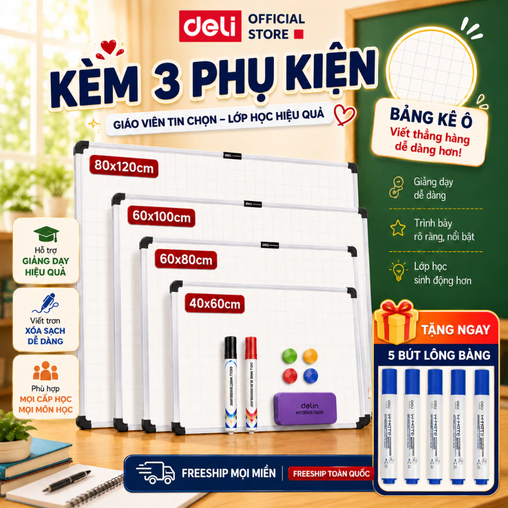 [MUA 3 GIẢM 30%] Bảng Từ Trắng Có Kẻ Ô Treo Viết Bút Lông Deli Bảng Mica Nam Châm Kèm Khay Đựng Học Sinh