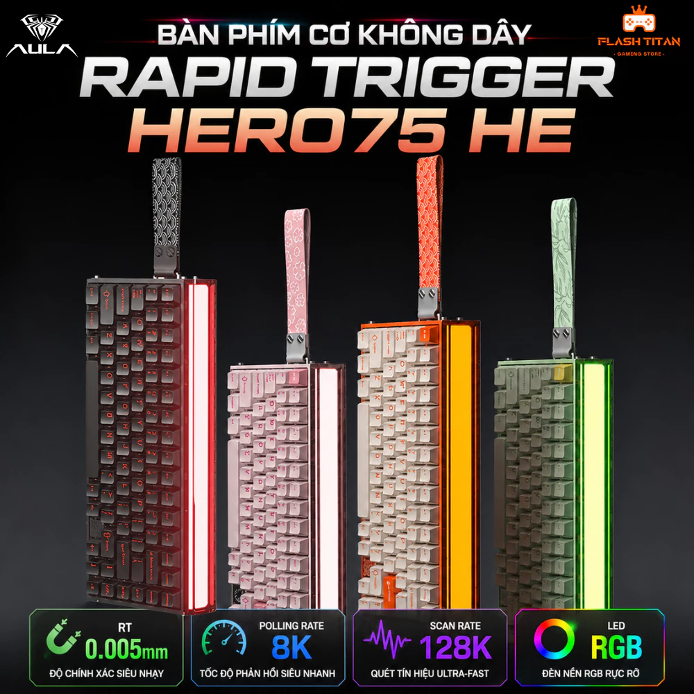 Bàn Phím Cơ Gaming Aula Hero75 HE - Có Rapid Trigger - 8k Polling Rate - RT 0.01mm - 3 mode kết nối - Dùng Chơi Game FPS