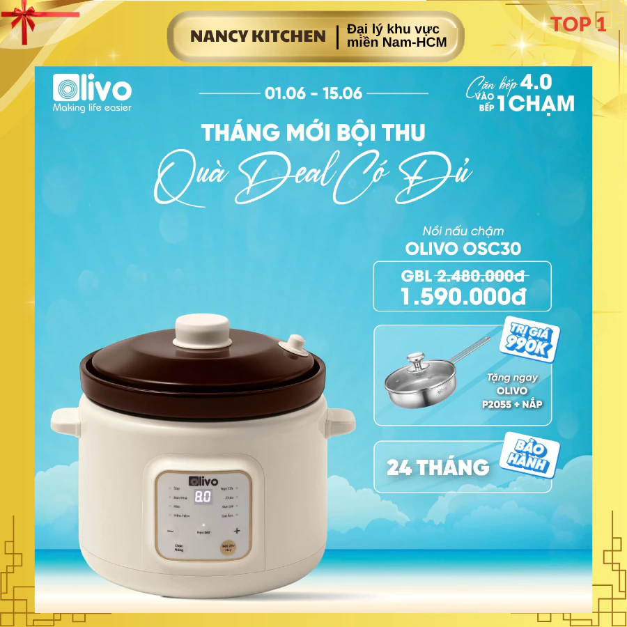 [Chính hãng] Nồi Nấu Chậm Olivo OSC30-9Chế Độ,Bảng Điều Khiển Điện Tử,Lòng Gốm Tráng Men,3L