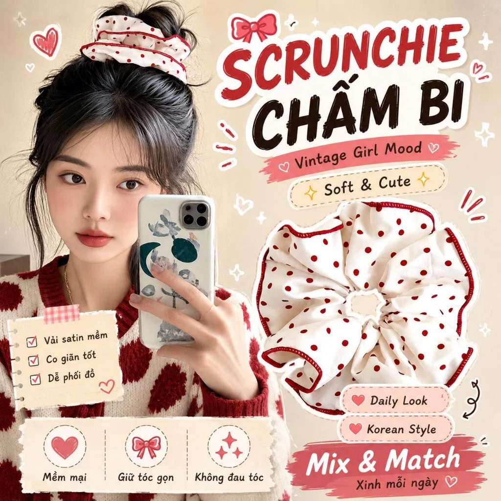 Dây Buộc Tóc Scrunchie Đỏ Chấm Bi Caro Thun Buộc Tóc Nữ Xinh, Giữ Tóc Chắc, Phụ Kiện Tóc