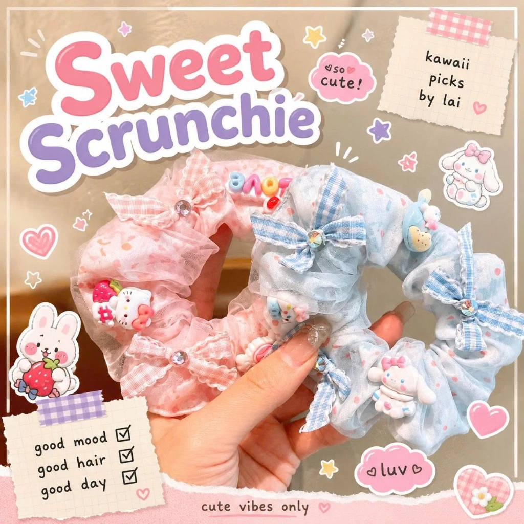 Scrunchie Buộc Tóc Hoạt Hình Dễ Thương Nơ Caro Voan Mềm Phụ Kiện Tóc Nữ Hàn Quốc