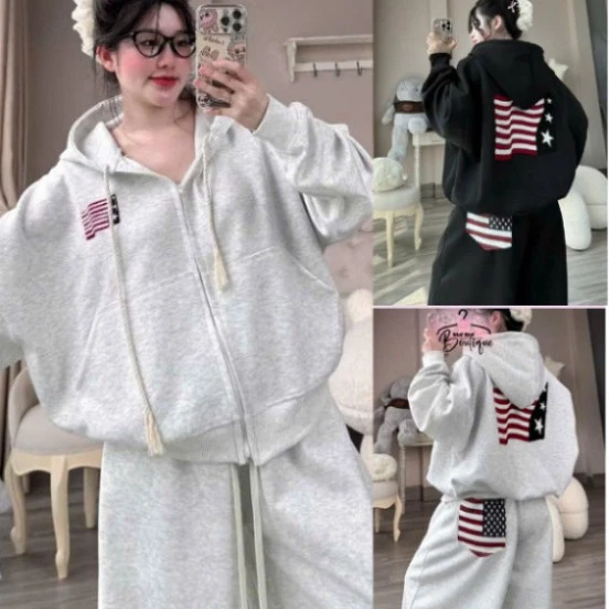 Set Bộ Hoodie Nỉ Cờ Mỹ  Unisex – Áo Khoác + Quần Ống Suông, Form Rộng Thể Thao Năng Động