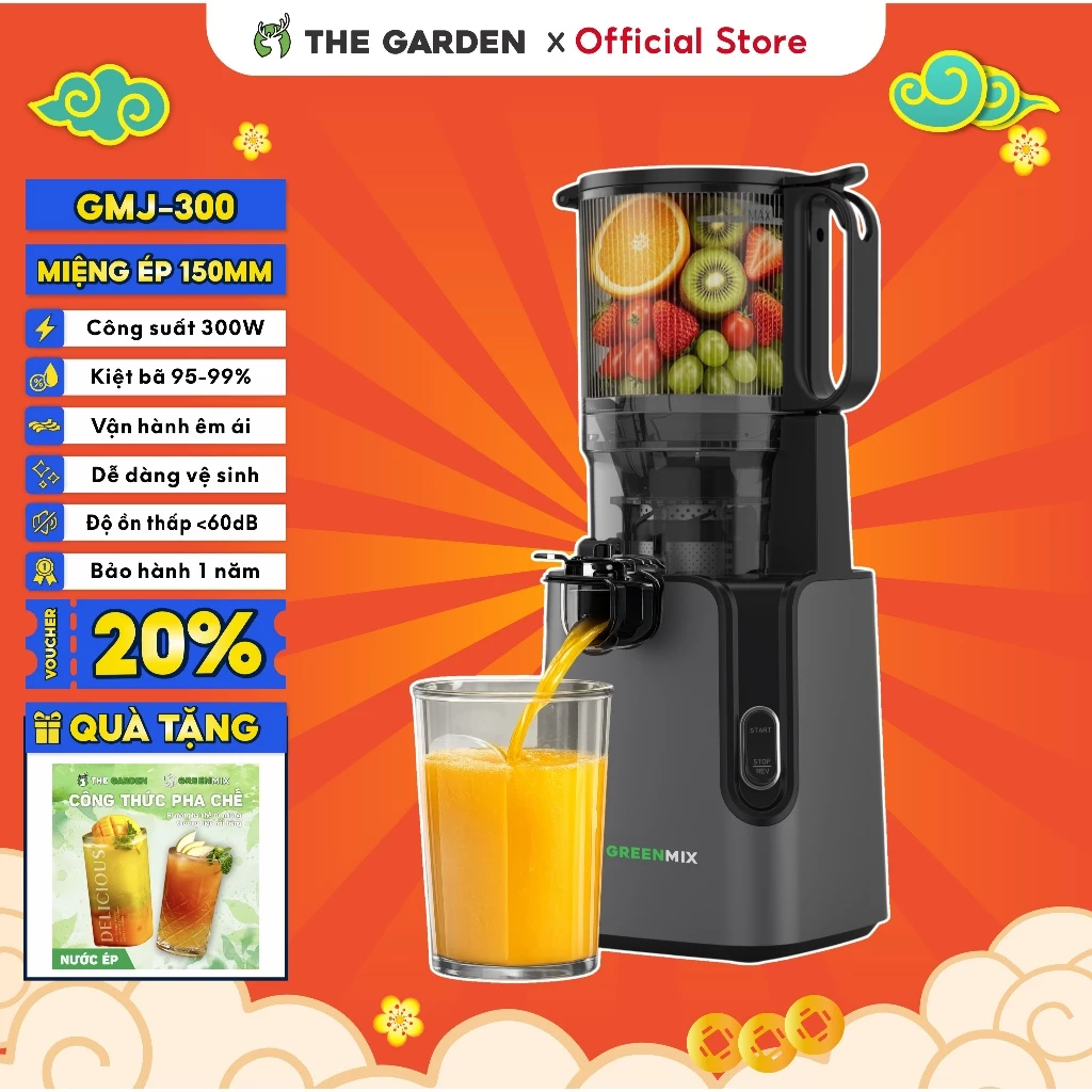 Máy Ép Chậm Trái Cây GREENMIX miệng ép 150mm ép nguyên quả, kiệt bã 95-99%, công suất 300W