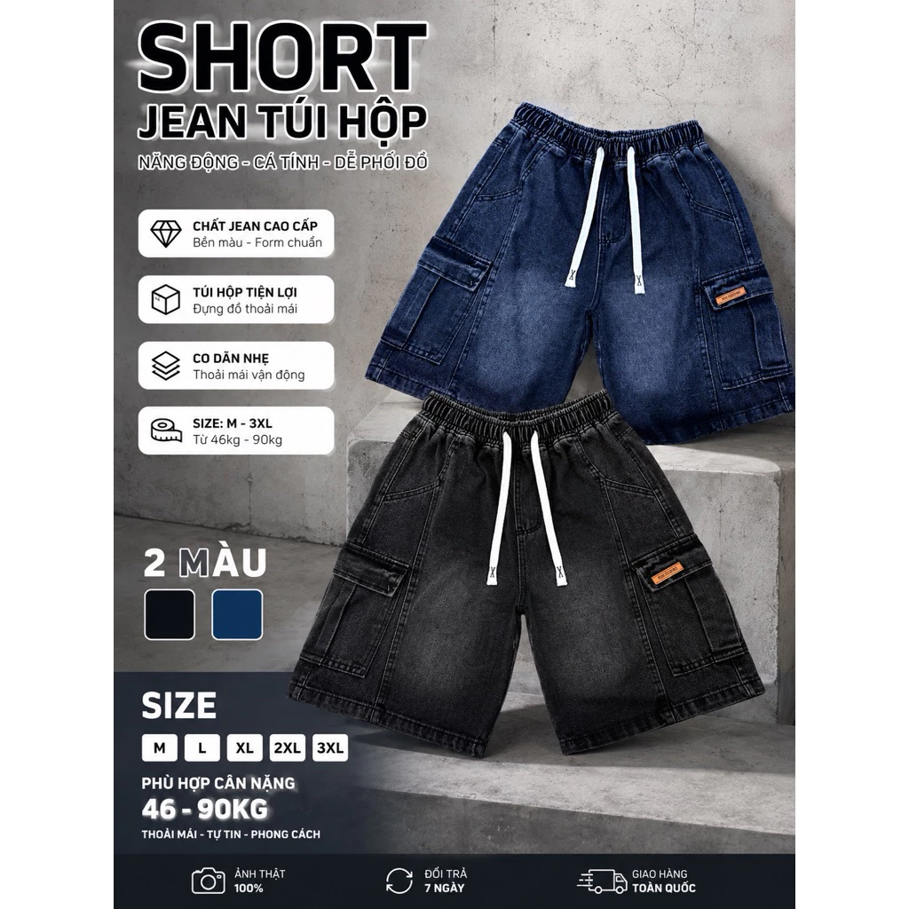 Quần Short Jean Nam Ống Rộng Túi Hộp Thời Trang