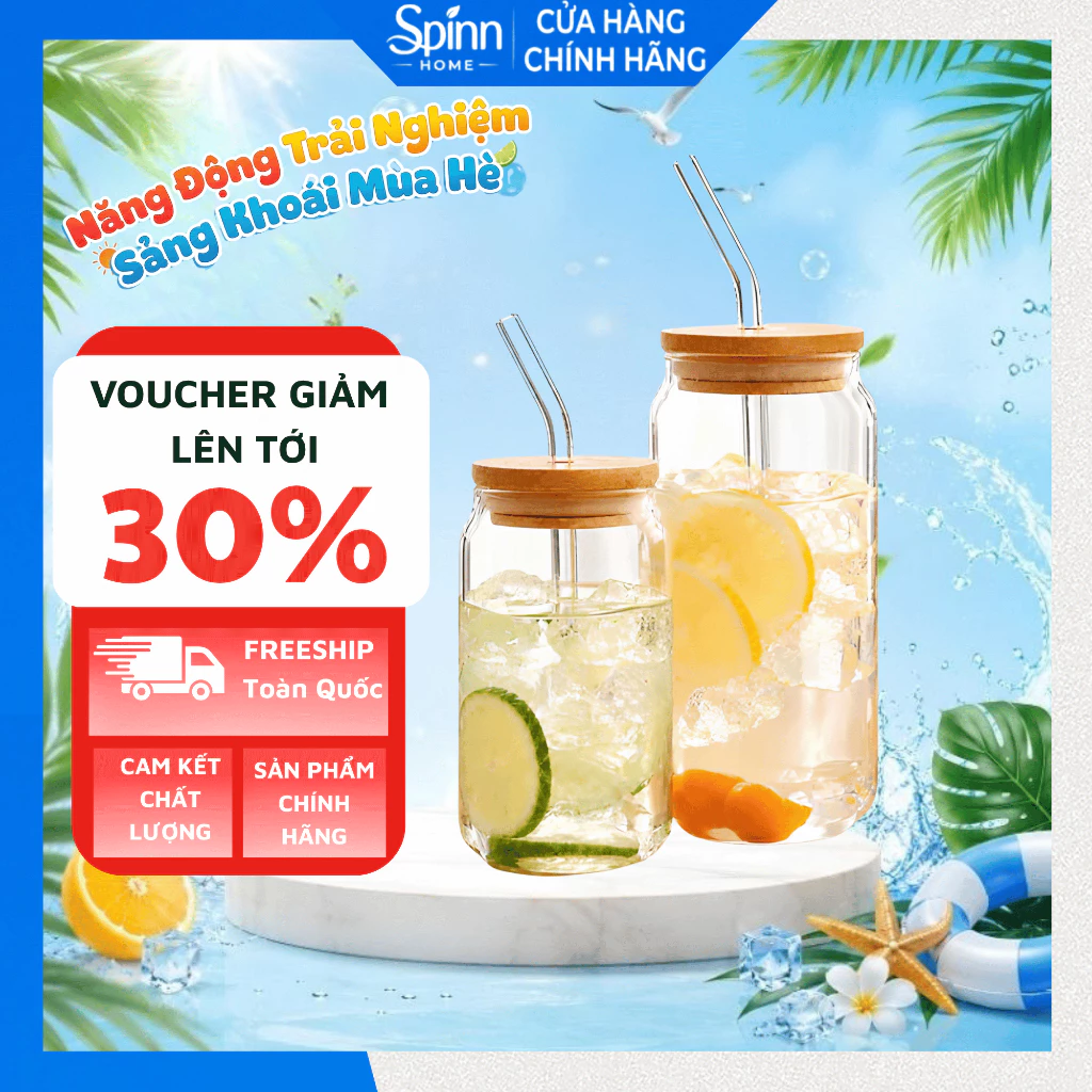 Cốc thủy tinh uống nước giữ nhiệt 540ml, ly thủy tinh đựng nước tặng kèm ống hút thủy tinh nắp tre