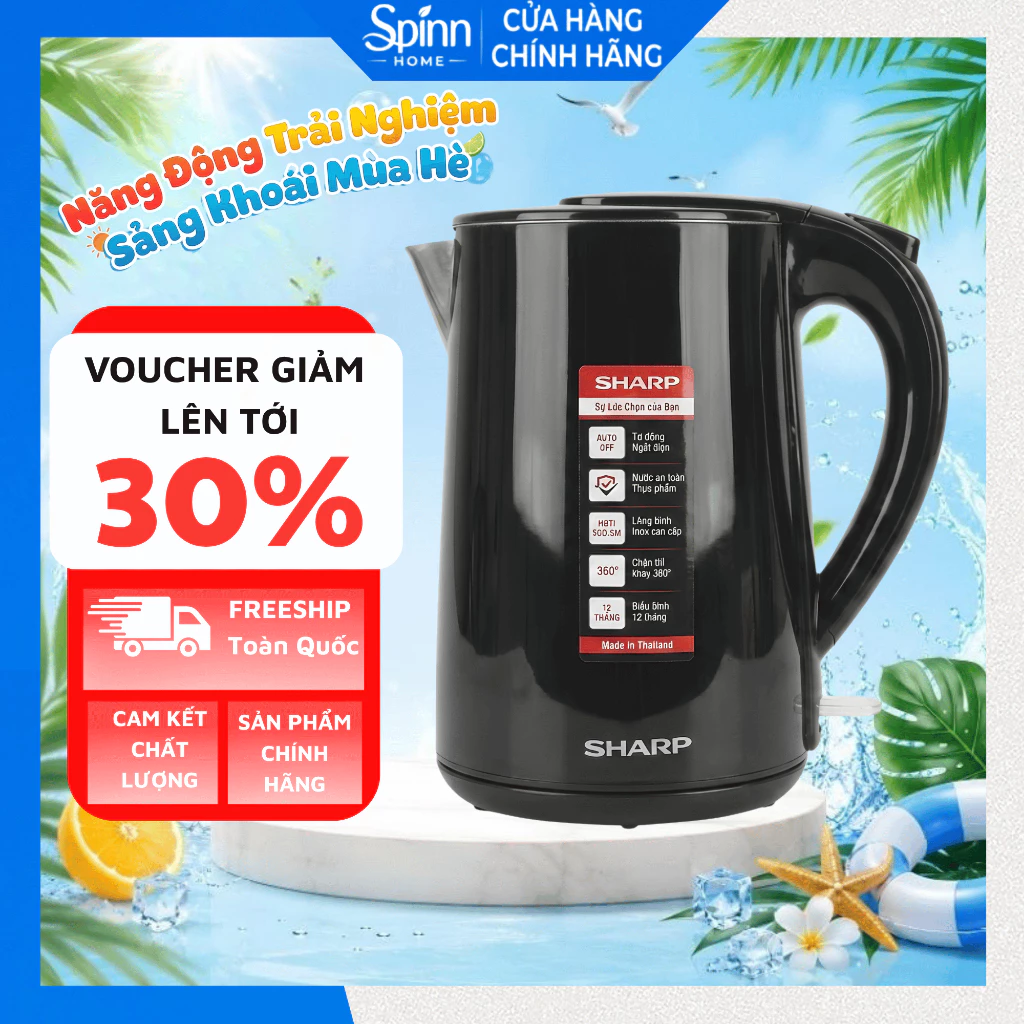 Ấm siêu tốc đun nước sharp siêu nhanh an toàn tiết kiệm điện, bình đun nước có tự ngắt khi sôi