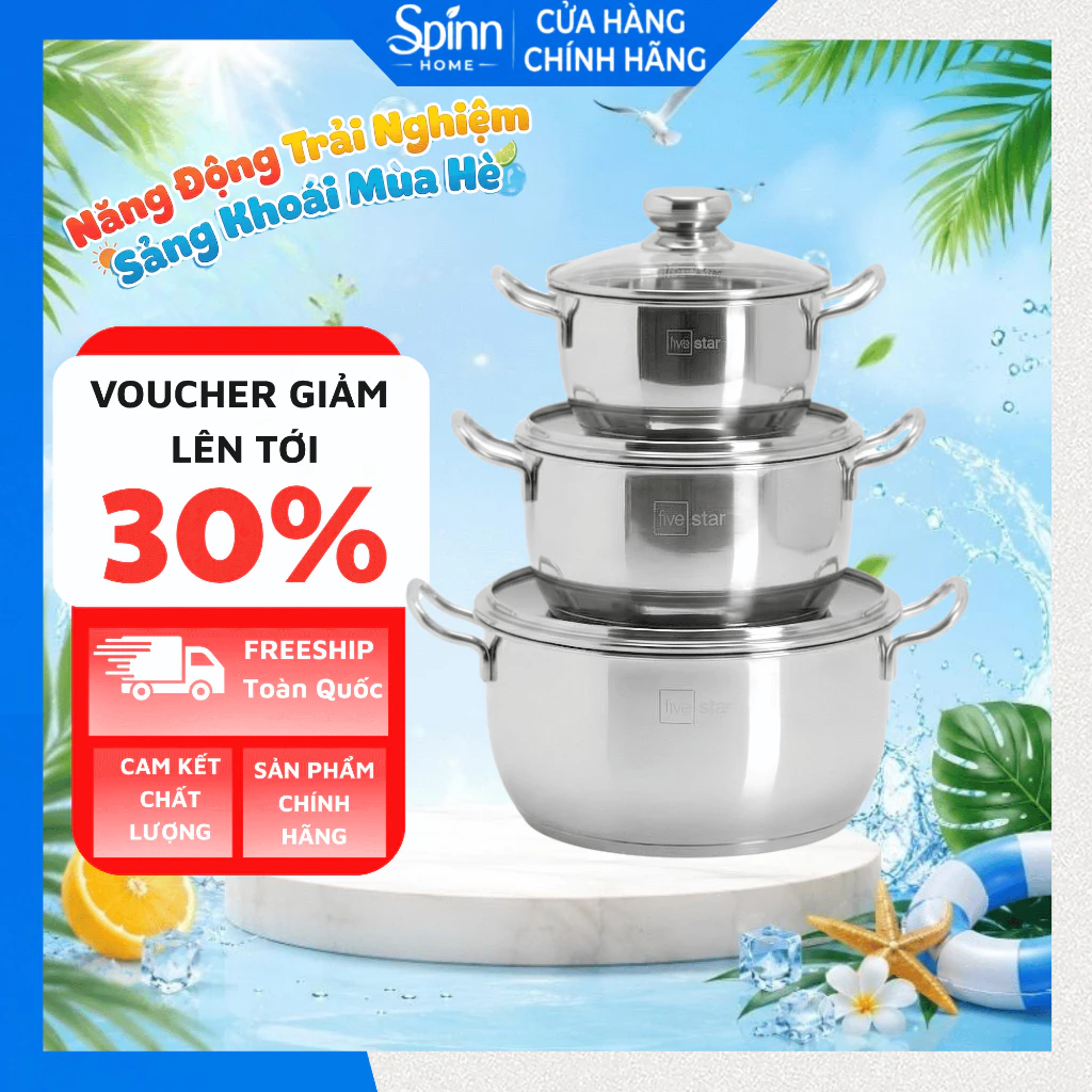 Bộ nồi inox 304 đáy từ fivestar nắp kính , bộ xoong fivestar 3 đáy dùng được cho nhiều loại bếp