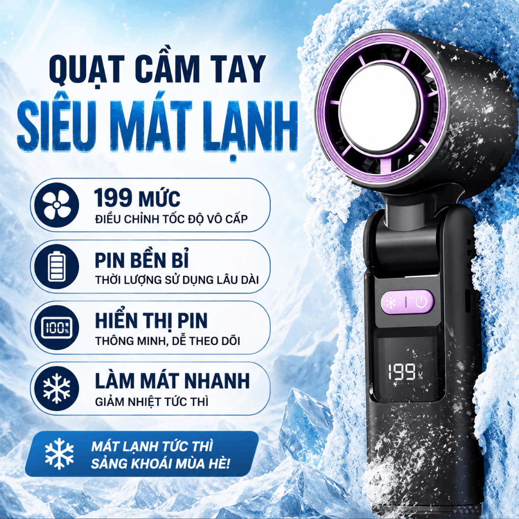 Quạt Tích Điện Mini K801 Siêu Mát 199 Cấp Độ Gió Sò Lạnh Pin 3600 mAh, Gấp 180 Độ