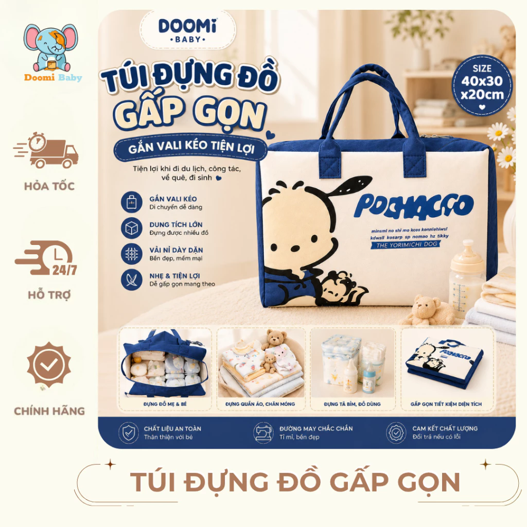Túi Đựng Đồ Gấp Gọn Gắn Vali Kéo Doomi Baby, Túi Vải Nỉ Đa Năng Đựng Đồ Mẹ Và Bé Du Lịch - HT867