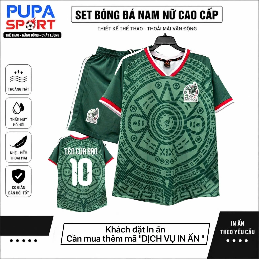 Bộ Quần Áo Bóng Đá Mế Xi Cồ 2026- Màu Xanh Rêu , Logo Thêu, Vải Mè Cho Nam Nữ, Có In Tên Unisex Sport Top